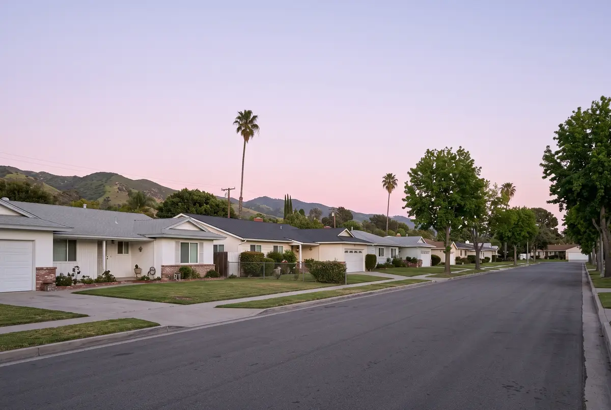 Illustration of 1950s single-story ranch houses with attached garages and front lawns along a wide street, mountains in the distance.