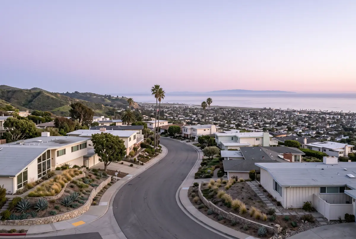 Illustration of modern single-story and two-story houses on a hillside street, with young landscaping and a view over rooftops to the ocean at dusk.