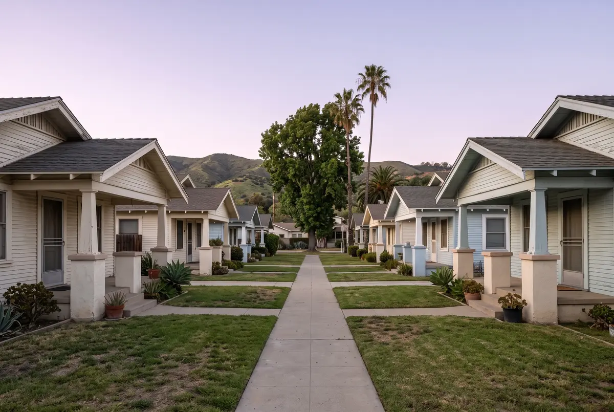 Illustration of a bungalow court: small single-story Craftsman bungalows facing each other across a shared walk and a strip of lawn.