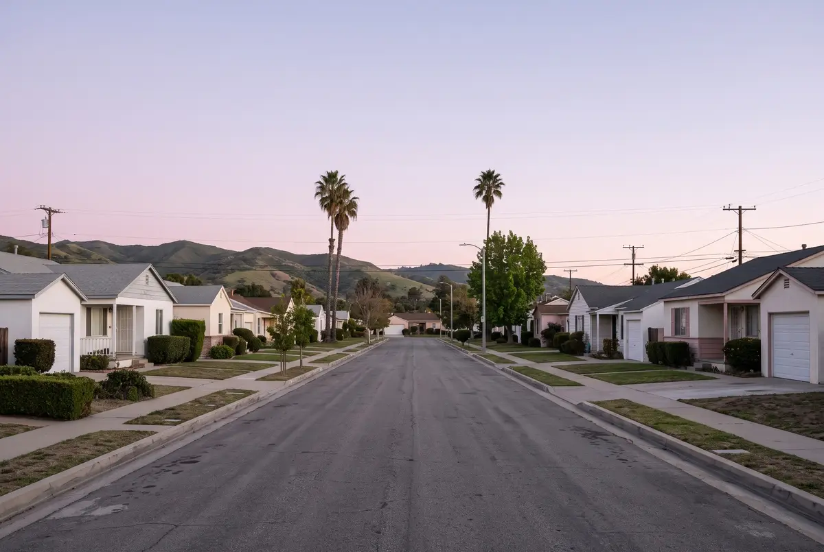 Illustration of postwar single-story houses with small front yards on a quiet street, low hills in the distance.