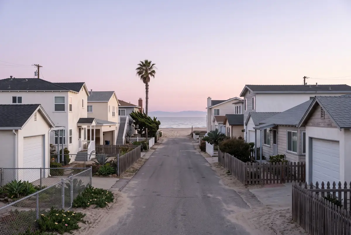 Illustration of small beach cottages along a narrow lane that ends at the beach, with the ocean beyond and islands faint on the horizon at dusk.