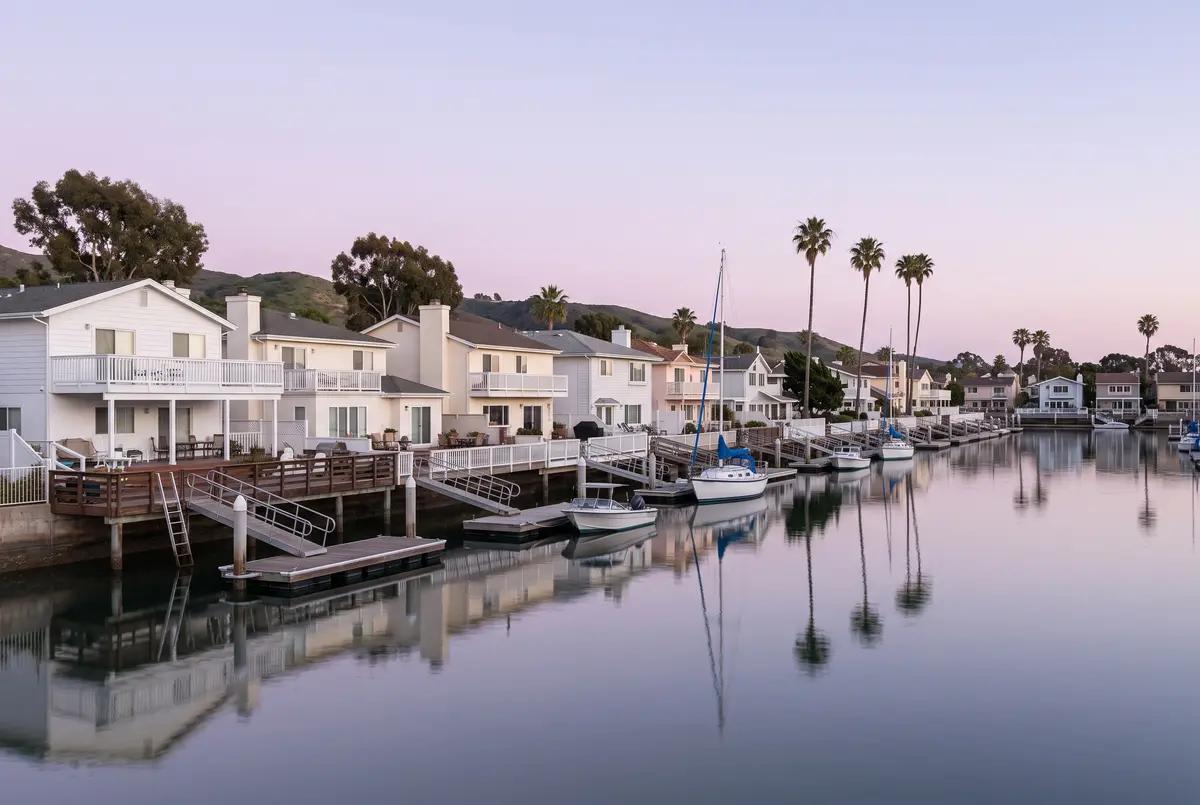 Illustration of waterfront houses with private boat docks along a calm channel, small sailboats moored, the sky pink at dusk.